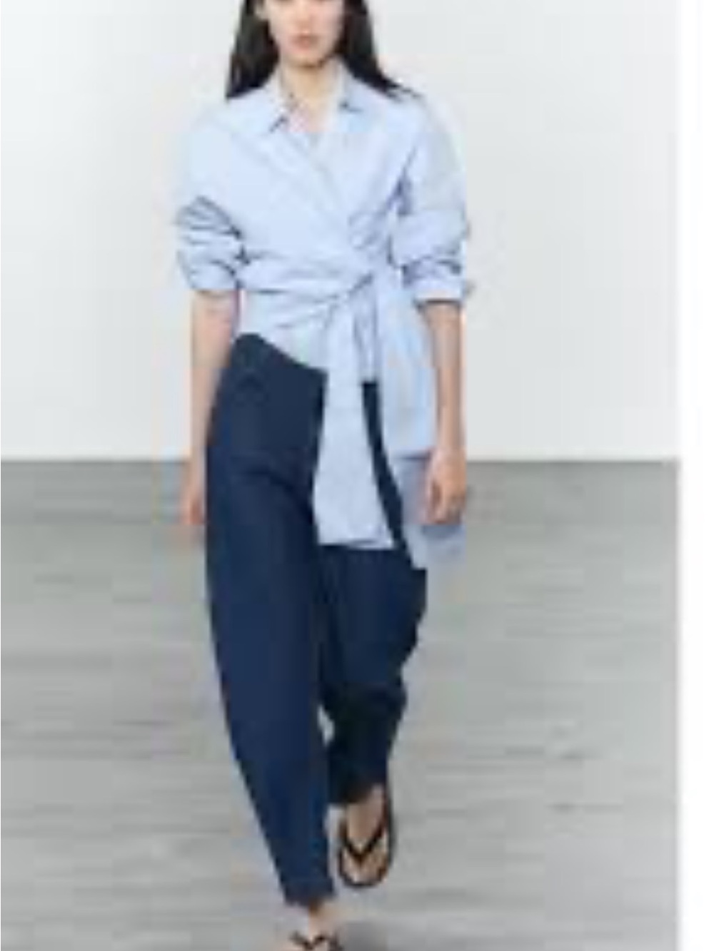 Zara Pale Blue Wrap Shirt with Navy Wide-Leg Pants Styling